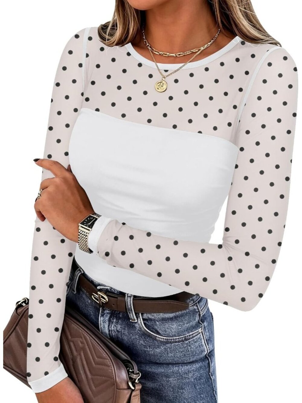 Women's White Polka Dots Sheer Mesh Round Neck Long Sleeve Plain Hem Dressy Top